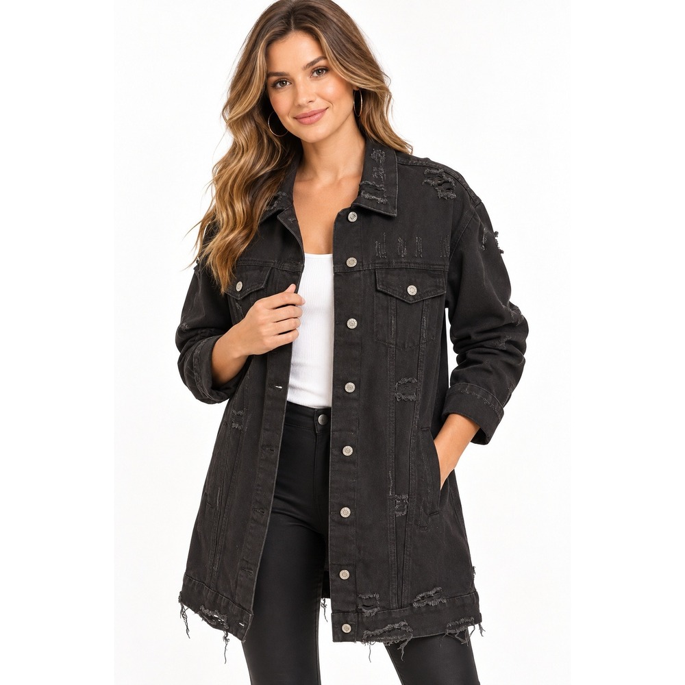 Audrey 3Plus1 Womens Distressed Black Denim Jacket Longline Ripped Size S